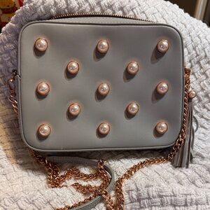 Ted Baker Gray Pearl-Stud Crossbody Bag with Rose Gold Chain